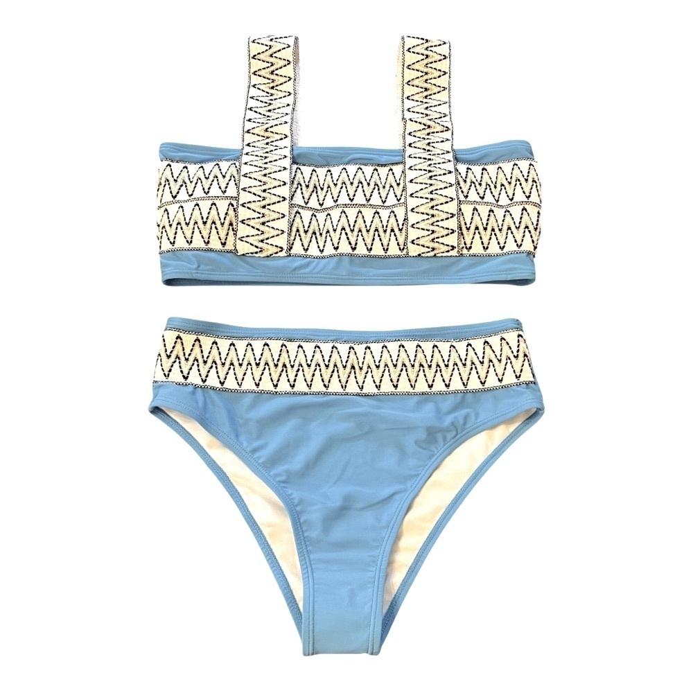 NEW Two-piece Bikini Boho Blue White Bandeau Top High Rise Swimsuit Size Large